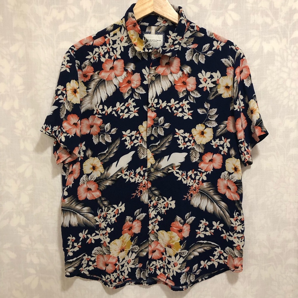 Mens Denim and Flower Navy Blue Tropical Floral Hawaiian Boating Summer Shirt